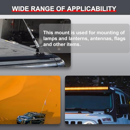 Roof Rack Foldable Antenna Mount Kit – Compatible with Crossbars & Platforms with 5 Meters RG58 Cable, 180°Adjustable Bracket for Antennas, Flags, LED Lights | Easy-Install Channel Mount System