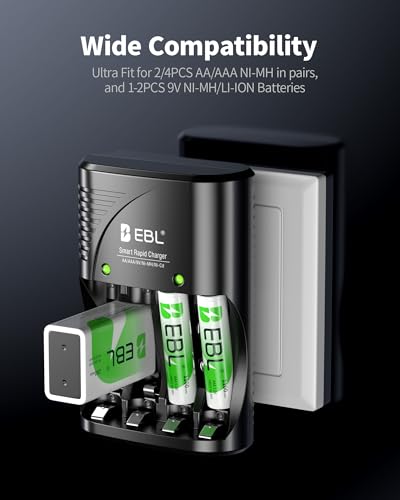 EBL Rechargeable AAA Batteries 4 Packs, Battery Charger with Foldable AC Power Plug for AA AAA 9V Ni-MH Ni-CD Rechargeable Batteries - size: Charger+4AAA