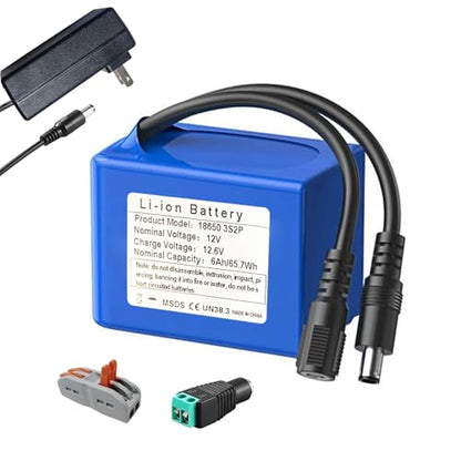 12V 6000mAh Lithium Ion Battery Pack with 2A Fast Charger, DC5521 Output for Security Cameras, CCTV Systems, LED Strips, Routers, Radios, Telescopes, DIY Projects, 6Ah Rechargeable 12-Volt Battery
