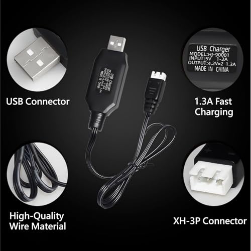 7.4V USB Charger Cable with XH-3P Plug 1.3A Fast Charging for Axial SCX10 SCX24 RC Car and Gel Splatter Blasters SRB400 for Universal 7.4V 2S Lipo Battery Airsoft