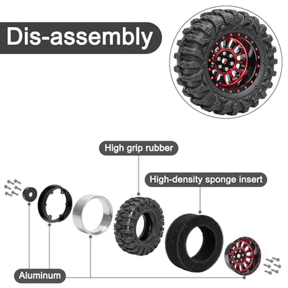 LRFHL 1.3" Beadlock Wheel Tires Aluminum for SCX24 TRX4M, 4PCS, Red | Upgraded 1.45-inch Wheel, 1/24 SCX24 1/18 TRX4M RC Crawler Car Upgrade - color: Black Tires+ Red Wheels-3