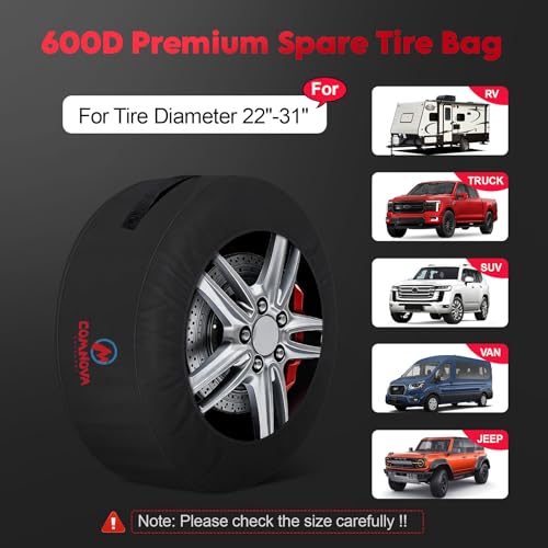 Comnova Seasonal Tire Totes 4 Pack - 600D Spare Tire Cover with Handle, Waterproof Heavy Duty Fade-Resistant Tire Storage Bag, Fits Tire Diameters 22" - 31", Black