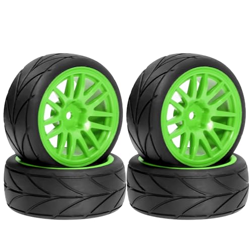 1/10 RC On Road Tires OD 2.56" And Hard Plastic Rally Wheels Rims 12mm Hex for 1:10 Scale Street Racing Touring Drift Car Tamiya TT01 TT02 Traxxas XV02 XV01 TA06 HPI KYOSHO PTG2 4PCS (Green) - color: Green