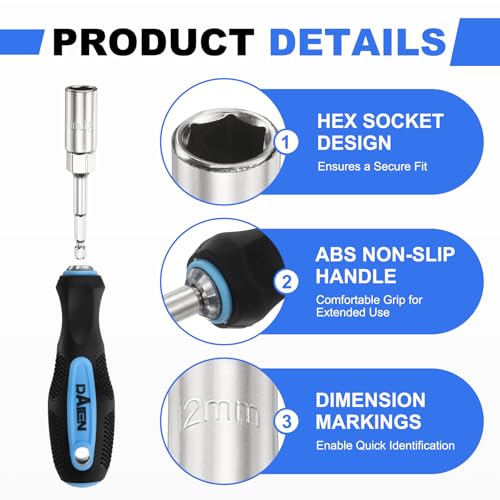 HARFINGTON Metric Nut Driver 8mm/10mm/12mm CR-V Non-Magnetic Detachable Tip Hollow Shafts Hex Socket Screwdriver with Anti-Slip Handle for Automobile Repair Bit Driver, Blue/Black - size: 8mm/10mm/12mm
