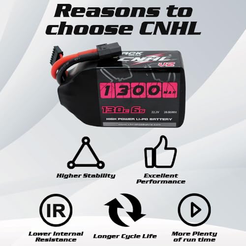 CNHL 1300mAh 6S Lipo Battery 22.2V 130C with XT60 Plug (2 Packs) | Delivers sharp throttle response and balance for 5-inch FPV drones, ensuring quick recovery in freestyle and racing.