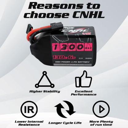 CNHL 1300mAh 6S Lipo Battery 22.2V 130C with XT60 Plug (2 Packs) | Delivers sharp throttle response and balance for 5-inch FPV drones, ensuring quick recovery in freestyle and racing.