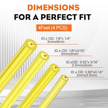 Hipa Gas Fuel Line Hose Tubing for Small Engine Weedeater 4 Size 4 ft. Each | I.D x O.D 1/8" x 1/4" 1/8" x 3/16" 3/32" x 3/16" .08" x .14" Fuel Line for Chainsaw Lawn Mower Trimmer Blower Model Parts