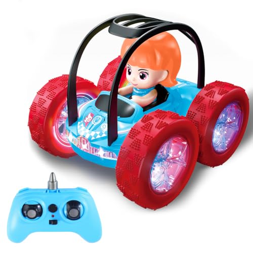 4WD RC Stunt Car for Kids Ages 3+, Blue Car with Girl | LED lights, built-in music, 360° spins, 180° flips, 2.4GHz remote, solid tires, indoor outdoor play - color: Blue