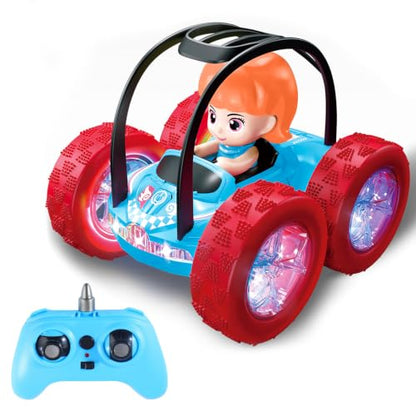 4WD RC Stunt Car for Kids Ages 3+, Blue Car with Girl | LED lights, built-in music, 360° spins, 180° flips, 2.4GHz remote, solid tires, indoor outdoor play - color: Blue