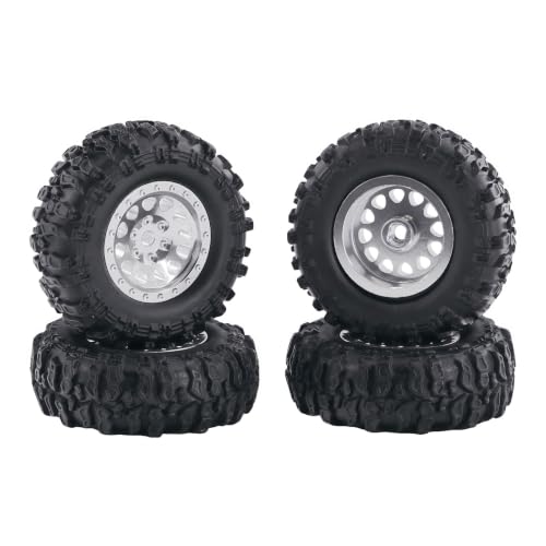 1.0 Inch RC Crawler Wheels and Tires Set, Pre-Mounted Aluminum Wheel & Tire Combo with Foam Inserts, Fit for 1/18 SCX24 SCX30 Micro RC, 4PCS (Silver) - color: Silver