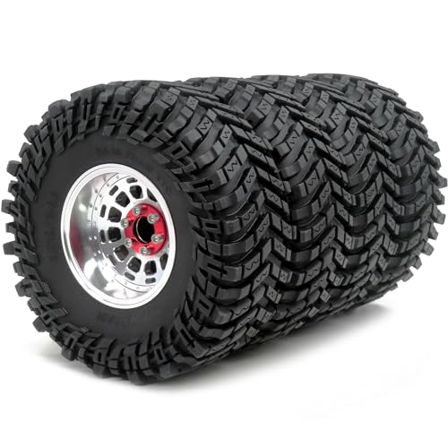 RC 2.2 Beadlock Wheels and Tires, Tall 5.0''/127mm Tires 2.2 Tyres & Adjustable Offset 2.2 Wheels Rims Silver for RC Mud Crawler Trail Gen8 Everest 10 Axial Capra Wraith, (4-Pack)