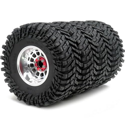 RC 2.2 Beadlock Wheels and Tires, Tall 5.0''/127mm Tires 2.2 Tyres & Adjustable Offset 2.2 Wheels Rims Silver for RC Mud Crawler Trail Gen8 Everest 10 Axial Capra Wraith, (4-Pack)