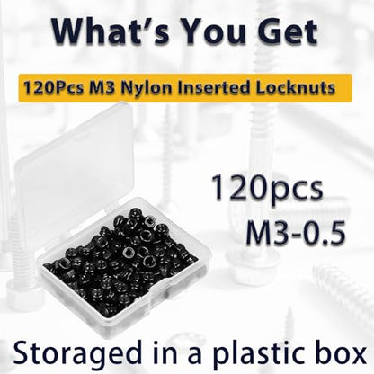 M3x0.5mm Locknuts M3 Nylock Nuts for RC Bike Pedals 3D Printer | 120PCS Metric Nylon Inserted Hex Lock Nuts Self-Lock Nylon Insert Carbon Steel Self Locking 5.5mm Hex Nut Driver Tiny Nut - size: M3 (120PCS)