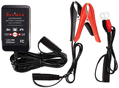 Suuwer Automatic Trickle Battery Charger, 12V 2000mA Battery Maintainer | for Car Motorcycle ATV Boat and More, With 12FT DC Cable