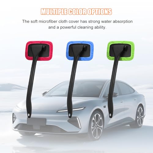 Car Windshield Cleaning Tool, Microfiber Vehicle Window Cleaner with 5 Washable Reusable Cloth Pad & 1 Spray Bottle, Automotive Glass Wiper Cleaning Kit Accessories, Universal Fit (Red) - color: Red