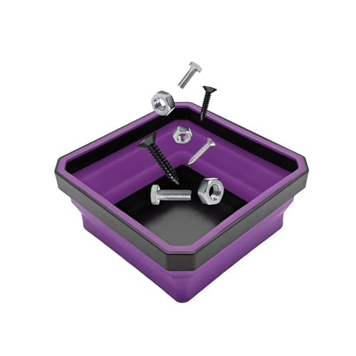 Collapsible Magnetic Parts Tray, 4.5" Square Silicone Tool Tray with Dual-Sided Magnetic Base, Foldable Small Metal Parts Organizer Storage Bowl for Screws Bolts Nuts Washers (Purple) - color: Purple