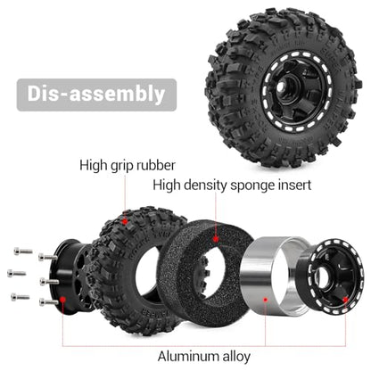 1.0" Beadlock Aluminum Wheels and 51mm Soft Rubber Tires | for SCX24, TRX4M, Ascent 18, FCX24, 1/18 1/24 RC Crawler, 7mm Hex, 0mm Offset, with Foam Inserts, (Black 101) - color: Black 101