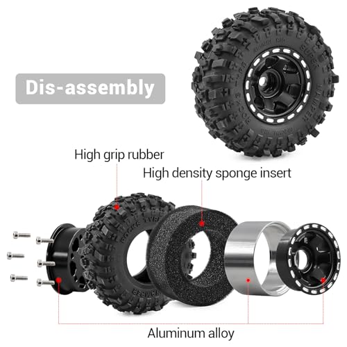 1.0" Beadlock Aluminum Wheels and 51mm Soft Rubber Tires | for SCX24, TRX4M, Ascent 18, FCX24, 1/18 1/24 RC Crawler, 7mm Hex, 0mm Offset, with Foam Inserts, (Black 101) - color: Black 101