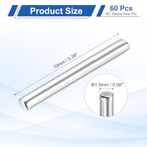 MECCANIXITY 60 Pack Dowel Pin Wheel, 1.5x10mm Steel Hex Wheel Hub Nut Pin Replacement for DIY RC Car Truck Boat Helicopter Model Part, Silver - size: 1.5x10mm