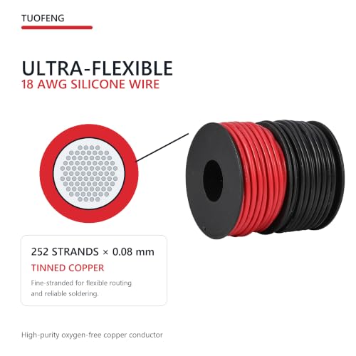 TUOFENG 18 AWG Silicone Wire, 100 ft Red and Black | Flexible Stranded Tinned Copper Hookup Wire, 600V High Temperature, For Automotive, RC, Battery, LED and DIY Projects - size: 18 AWG Silicone Wire 2 Colors 50ft Each