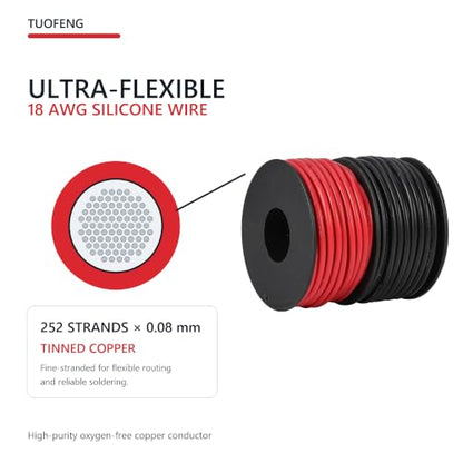 TUOFENG 18 AWG Silicone Wire, 100 ft Red and Black | Flexible Stranded Tinned Copper Hookup Wire, 600V High Temperature, For Automotive, RC, Battery, LED and DIY Projects - size: 18 AWG Silicone Wire 2 Colors 50ft Each