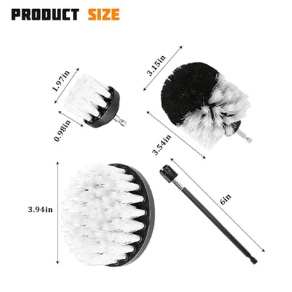 4PCS Drill Brush Attachment Kit with Extension Rod, White | PP bristles with steel shafts, three brush sizes, quick-change extension rod, follows curved surfaces, compact storage - color: White