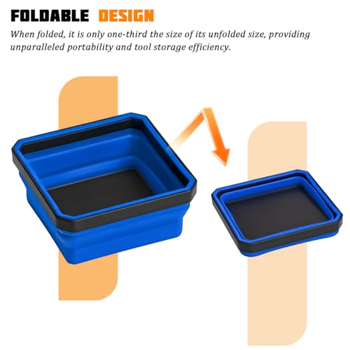 Car Collapsible Magnetic Parts Tray, Foldable Silicone Magnetic Vehicle Tool Tray Organizer for Bolts Screws Nuts, Square Automotive Washers Pins Magnet Bowl, Universal Fit (Blue) - color: Blue