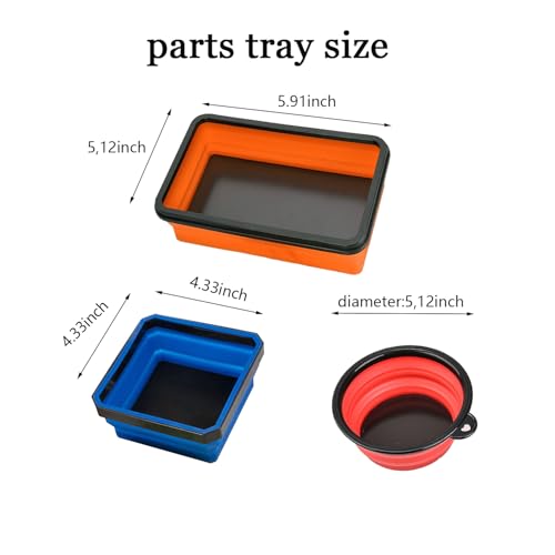Collapsible Magnetic Parts Tray Set & Flexible Magnetic Bolt Tray, 3 Different Size Magnetic Screw Holder & Pick-Up Sweeper for Screw, Bolts, Nuts, and Other Metal Parts