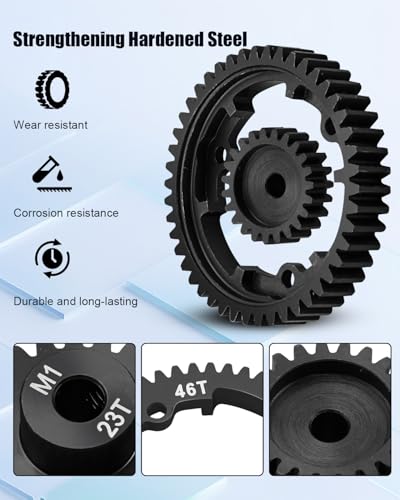 46T M1.0 Harden Steel Main Spur Gear with 23T Pinion Motor Gear Fit for Traxxas 1/10 Maxx 1/10 E-REVO 2.0 VXL 1/5 X-Maxx 1/7 XO-1 1/6 XRT Replace 6481X Hot Racing Spur Gear RC Cars Spare Parts - size: 46T+23T