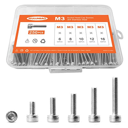 M3 x 6mm 8mm 10mm 12mm 16mm Hex Socket Head Cap Screws Bolts, 304 Stainless Steel, Metric Machine Fully Threaded, Bright Finish, Allen Hex Drive, Assortment Kit 250PCS - size: M3 x 6/8/10/12/16mm (250PCS)