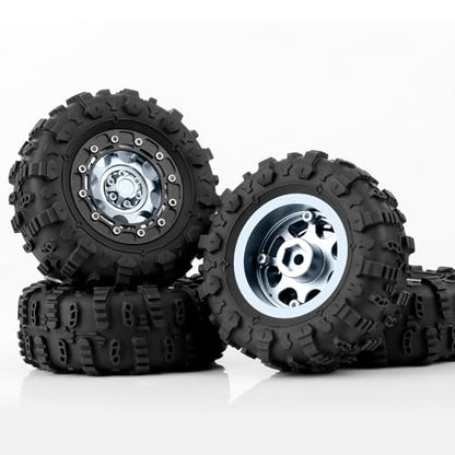 1.3" Beadlock Wheels & M/T Tires for TRX4M SCX24 Ascent-18 | RC Aluminum Beadlock Wheels Secure Mud Terrain Tires for 1/18 1/24 RC Micro Crawlers Upgrades - color: Cyan Titanium