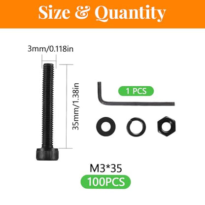 100 Pcs M3 x 35mm Socket Head Screws, Grade 12.9 Alloy Steel Fully Threaded Machine Screws, Metric Bolts Assortment Kit for Furniture Assembly - size: M3x35mm-100pcs