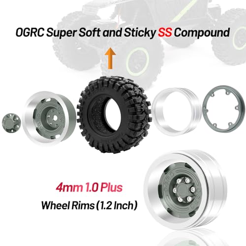 OGRC 1.3 Beadlock Wheel Tires -4mm Offset Wheels for 1/24 1/18 SCX24 TRX4M | Aluminum, 7mm Hex, Sticky Compound Rubber, for TRX4M AX24 FCX24 RC Carwler Car, Grey - color: Titanium Grey