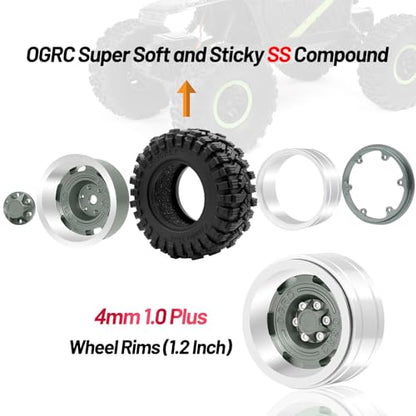 OGRC 1.3 Beadlock Wheel Tires -4mm Offset Wheels for 1/24 1/18 SCX24 TRX4M | Aluminum, 7mm Hex, Sticky Compound Rubber, for TRX4M AX24 FCX24 RC Carwler Car, Grey - color: Titanium Grey