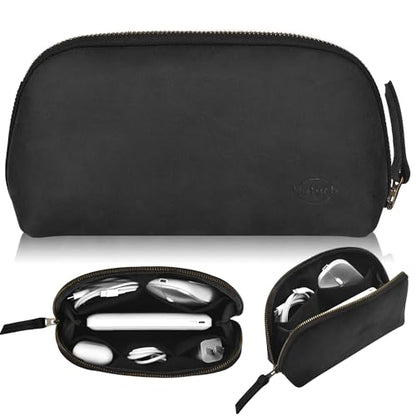 Leather Tech Pouch for Cables Chargers Phone | Tech Bag | Zipper Travel Accessory Pouch | Electronic Organizer Case Travel Bag (Black) - color: Black