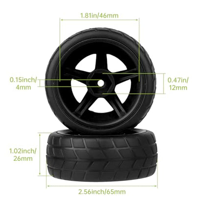 Pre-Glued OD 2.55" 12mm Hex Wheels Rims and Rubber Tires for Traxxas Tamiya HPI HSP Redcat RC 1/10 On Road Racing Car, Set of 4 (Color E) - color: Color E