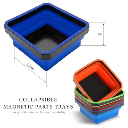 Collapsible Magnetic Parts Tray, 4.5" Square Silicone Tool Tray with Dual-Sided Magnetic Base, Foldable Small Metal Parts Organizer Storage Bowl for Screws Bolts Nuts Washers (Blue) - color: Blue