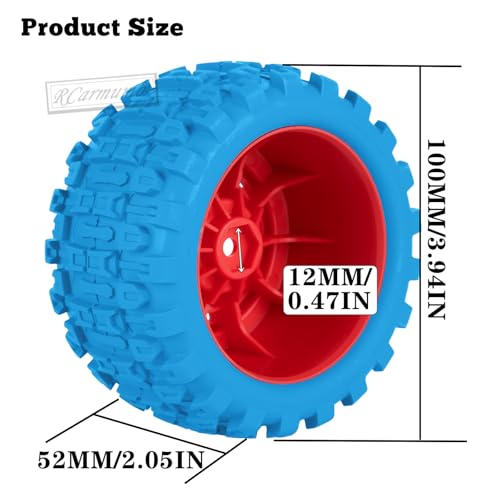 100 * 52MM 1/16 RC Monster Truck Tires 12mm Hex Adapters All-Terrain Traction Tires fit for Mini Maxx/Mini XRT, MJX 16207/16208/16209/16210,HSP 94186,E-Revo,L0S1,1/18 Mini LMT,Blue&Red - color: Blue&red(4pcs)