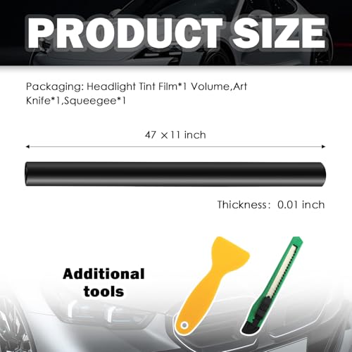 12×47" Car Headlight Tint Film,Cuttable Taillight Tint Film Kit with Squeegee & Cutter,Waterproof Tail Light Tints Films Car Exterior Accessories for Headlights Fog Lights Tail Lights (Black) - color: Black