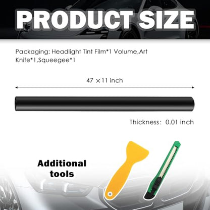 12×47" Car Headlight Tint Film,Cuttable Taillight Tint Film Kit with Squeegee & Cutter,Waterproof Tail Light Tints Films Car Exterior Accessories for Headlights Fog Lights Tail Lights (Black) - color: Black