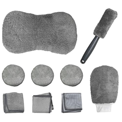 9 in 1 Car Wash Kit, Professional Car Interior Detailing Set, Auto Cleaning Tool for Window Glass Dashboard, Includes Microfiber Towel, Applicator Pad, Car Wash Mitt, Tire Brush (9PCS) - size: 9PCS