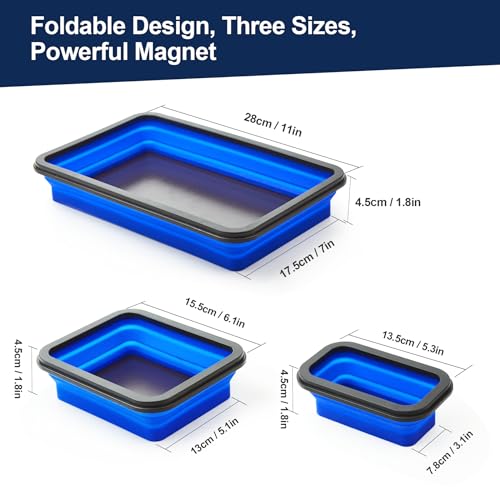 Collapsible Magnetic Parts Tray Set Foldable Magnetic Tray 3 Different Size Silicone Tool Trays for Screw, Bolts,Nuts,with Magnetic Base Stores and Organizes Small Parts and Tools | Magnetic Tray with Magnetic Base 3 Different Size Silicone Tool Trays for