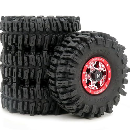 RC 64mm Tall 1.0 Mud Slingers Tires & 1.0 Wheels, Soft Sticky 1.0 Mud Terrain Tires & Heavy 1.0 Beadlock Wheels Rims for RC Crawler 1/24 SCX24 FCX24 1/18 TRX4M (Red) - color: Red
