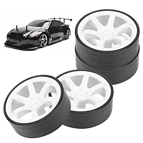 4Pcs 1/10 RC Drift Wheel Tire Set, 12mm Hex White Rims Fit HSP HPI Car | 6 spoke design, hard wear-resistant tires, easy to install, perfect replacement for on-road drift racing car parts