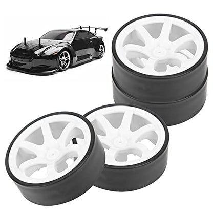 4Pcs 1/10 RC Drift Wheel Tire Set, 12mm Hex White Rims Fit HSP HPI Car | 6 spoke design, hard wear-resistant tires, easy to install, perfect replacement for on-road drift racing car parts