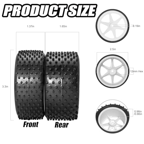 12mm Hex RC Wheels and Tires for 1/14 1/16 Hyper Go H14BM H16BM Tires and Wheels for 1/10 Traxxas Bandit Tires and Wheels for Losi Mini-T 2.0 2WD WLtoys 144001 Tires and Wheels Preglued 4PC