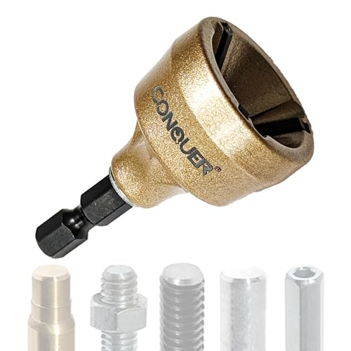 CONQUER Deburring External Chamfer Tool, Tungsten Blade, Fits 1/8"-3/4" | For Steel, Copper, Brass, Aluminum, PVC & Wood. 1/4" quick-release shank, spark-free 0-400 RPM. Repairs bolts, rods & pipes - size: PREMIUM TUNGSTEN Blade 1/8"-3/4"(3mm-19mm)