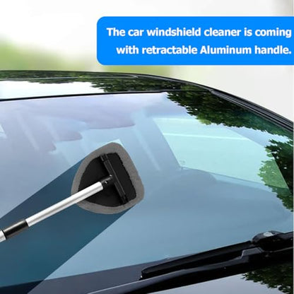 Car Windshield Cleaner Tool, Extendable Handle Pentagonal Vehicle Window Cleaning Kit with 4 Reusable Pads Spray Bottle, Auto Windscreen Detailing Cleaner, Universal Fit (Grey) - size: Grey