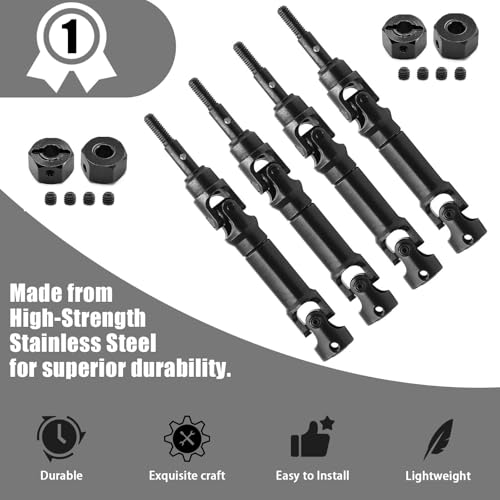 45 Steel CVD Universal Joint Drive Shaft Front Rear and Wheel Hex Set for Traxxas 1/16 Mini Maxx 4WD RC Truck 107154-1 - Upgrade Replacement for Parts 10750, 10750X, 3654 (Black)