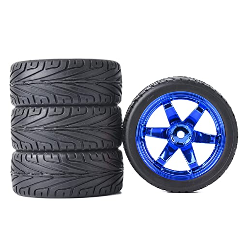 4PCS RC Car Rubber Tires and Plastic Wheels Rims Compatible with 1/10 Scale On Road Touring Racing Flat Drift Car for HSP HPI Tamiya(Blue) - color: Blue